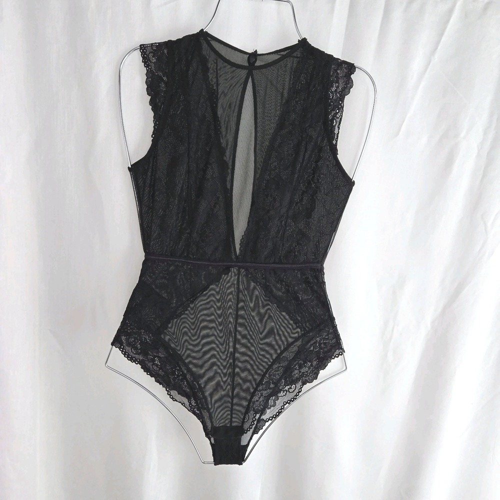 Just Sexy Lingerie Black Lace Mesh Teddy Bodysuit Size S High Neck Keyhole Back